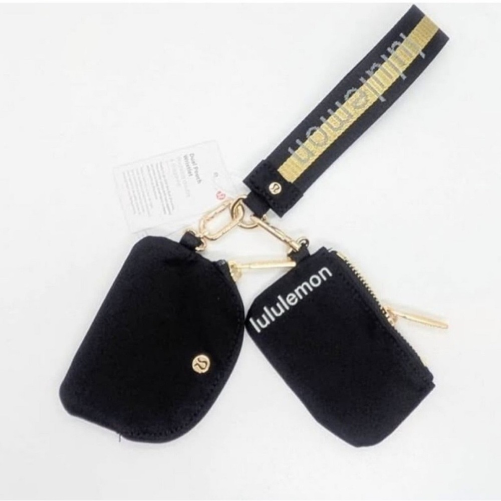 RARE Lululemon Dual Pouch Wristlet Wallet Accessory Keychain Bag Black Gray Gold